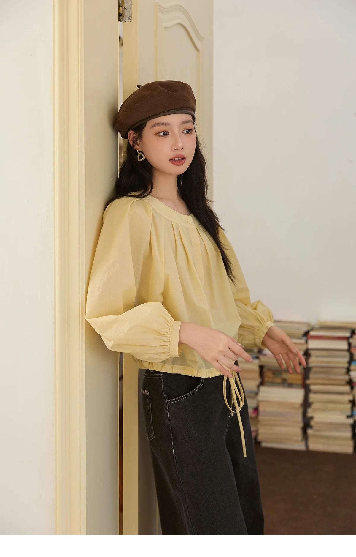 MISHOW Light Yellow Pleated Shirt 2025 Autumn Drawstring Hem Lantern Sleeve Top O-neck Cotton Blend Casual Shirts MXE45X2490