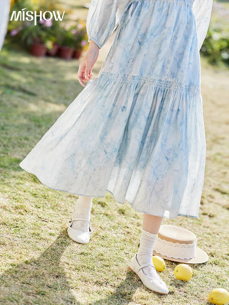 MISHOW Printed Blue Blending Chiffon Vacation Dress Spring 2025 Drawstring Waist Long Dress Lantern Sleeve Dresses MXE16L2114