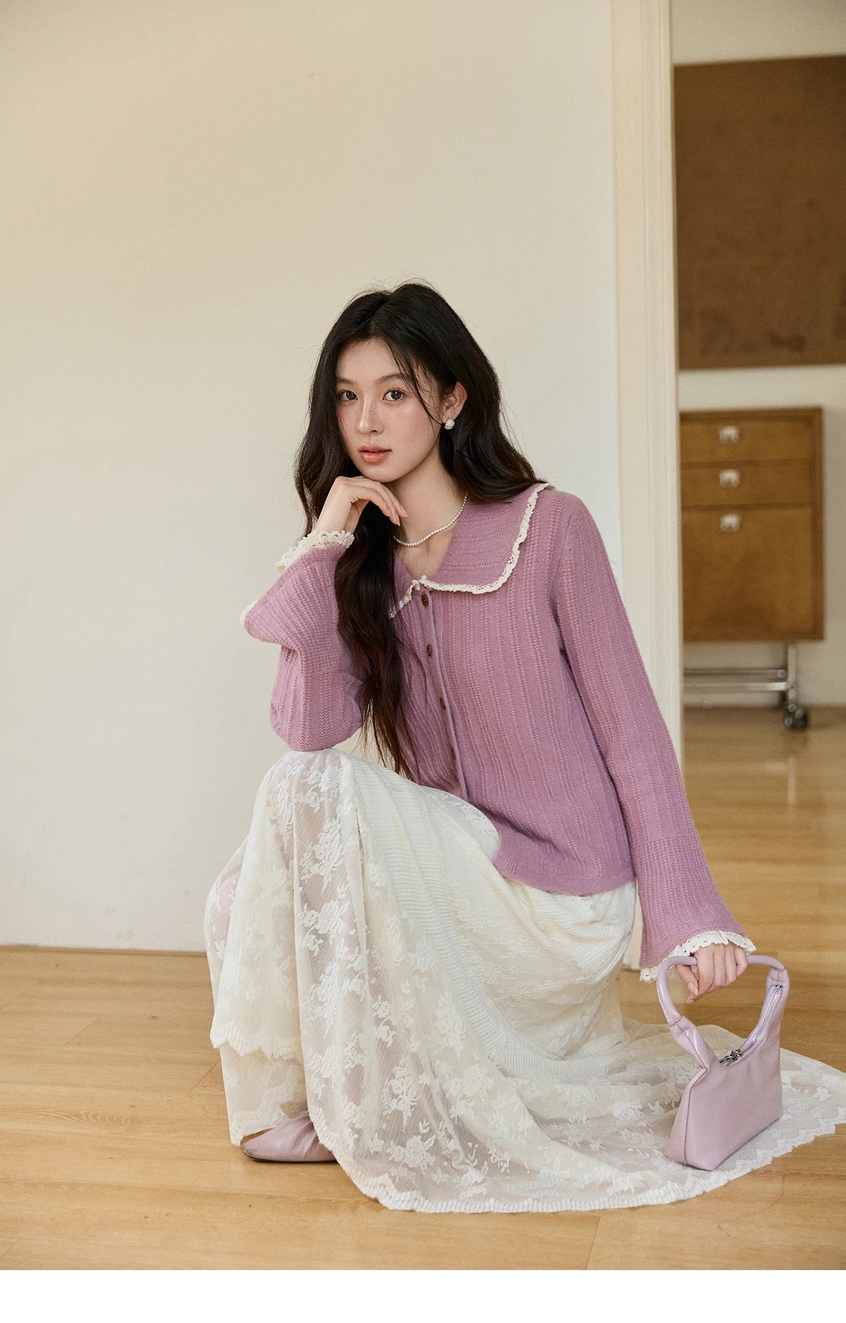 MISHOW Women's Lilac Flare Sleeve Knitted Cardigan 2026 Spring Peter Pan Collar Lace Trim Long Sleeve Slim Casual Top MXF11Z2994