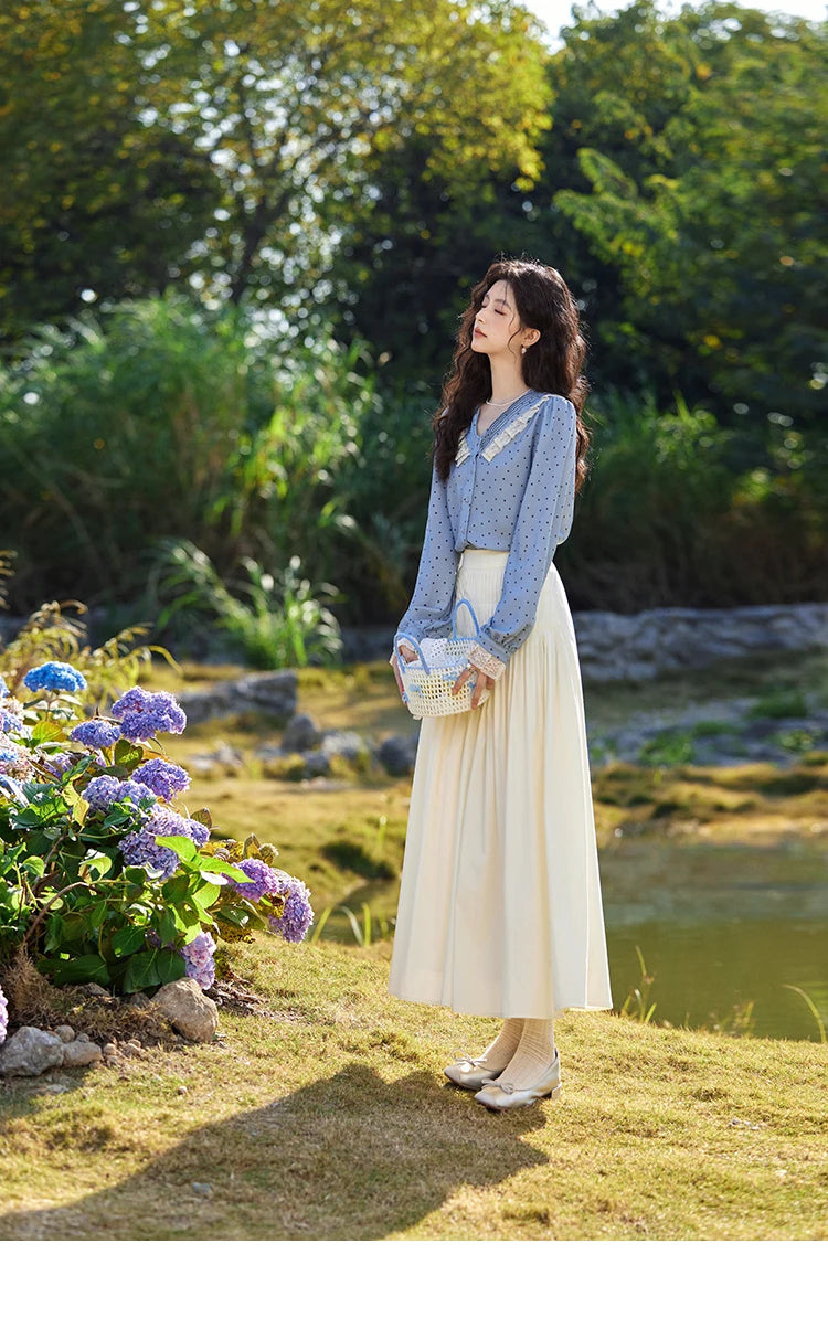 MISHOW Lace Patchwork Polka Dot Shirt for Women Spring 2025 French V-neck Shirt Cuff Splic with Hollowed Out Lace Top MXE12X1707