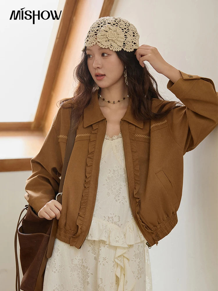 MISHOW Brown Suede Short Coat with Fungus Edge Pleating Autumn 2025 Lapel Zipper Casual Jackets Hem Elasticity Coats MXE43W0803