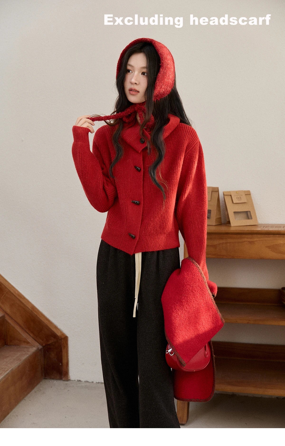 MISHOW Women's Retro Red Bull Horn Button Sweater 2025 Winter Arctic Velvet Warm Knitted Sweater Excluding Headscarf MXE90Z2819