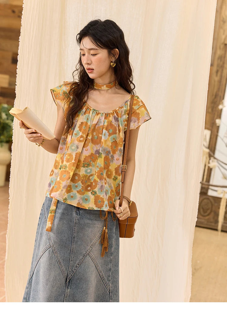 MISHOW 100 Cotton Citrus Oil Painting Printed blouse for Women 2025 Summer Vacation Korean Flying Sleeve Casual Top MXE36X1872
