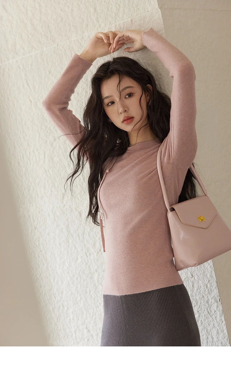 MISHOW Bottom Knit Sweater Women Fashion Hollow Tie Design Bottoming Shirt 2024 Fall New Warm Long-sleeved Slim Tops MXD45Z0766