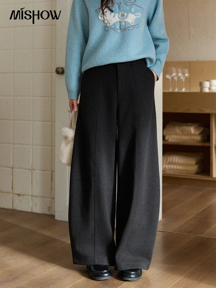 MISHOW Women's Gray Woolen Blend Wide-Leg Pants Winter High Waist Draped Straight Thick Back Elastic Waist Trousers MXE93K1143