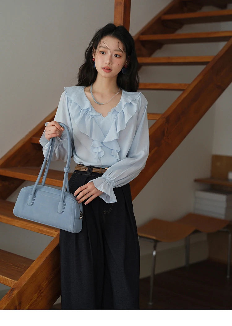 MISHOW Blue Lyocell Ruffled Shirt 2025 Autumn V-neck Flared Sleeves V-neck Shirts Commuting Elegant Versatile Tops MXE41X1969