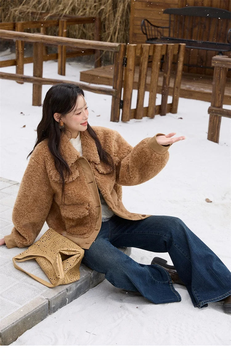 MISHOW Faux Lambskin Coat Women 2025 Winter Retro Turn-down Collar Brown Coat Office Lady Loose Warm Casual Jackets MXE89W0896