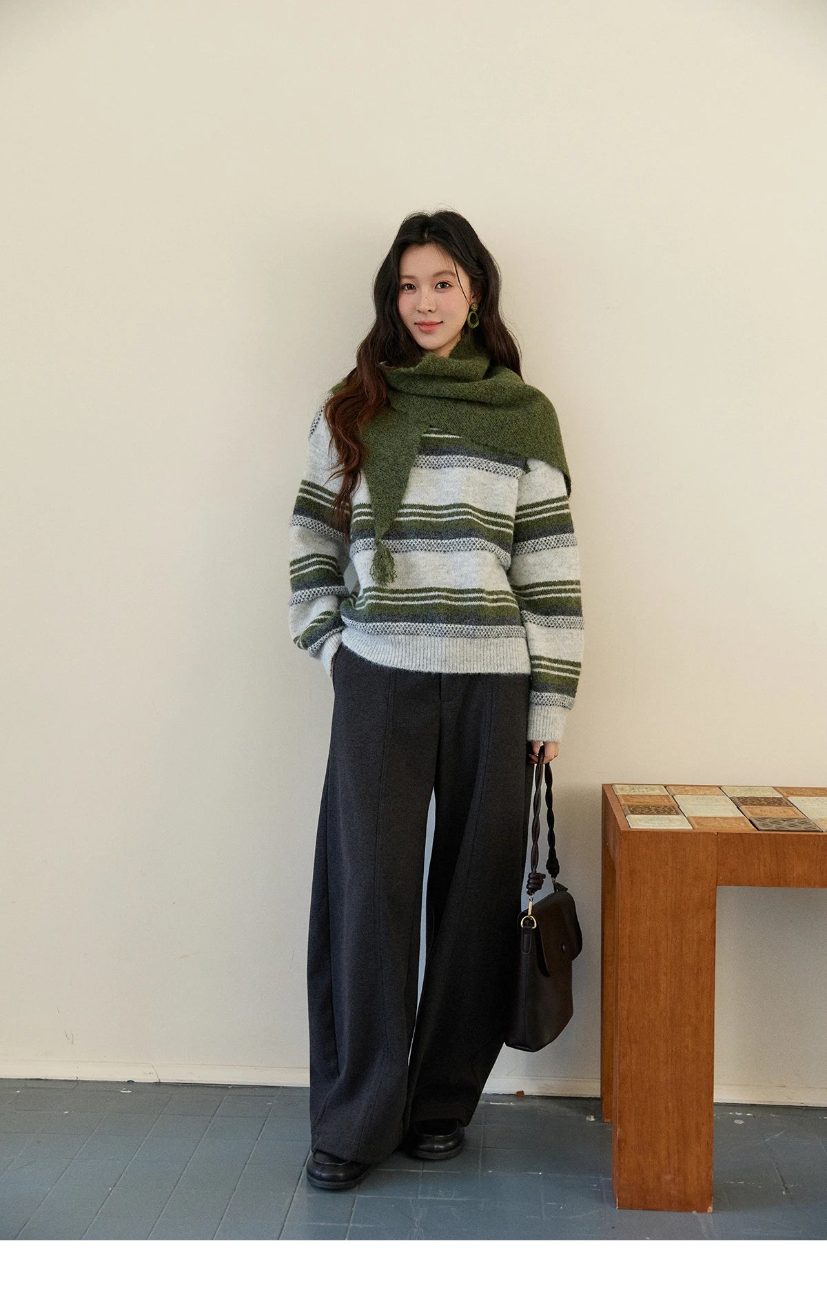 MISHOW Women's Wool Blend Retro Striped Sweater with Scarf Set 2025 Winter Knitted Round Neck Warm Loose Sweaters MXE94Z2987