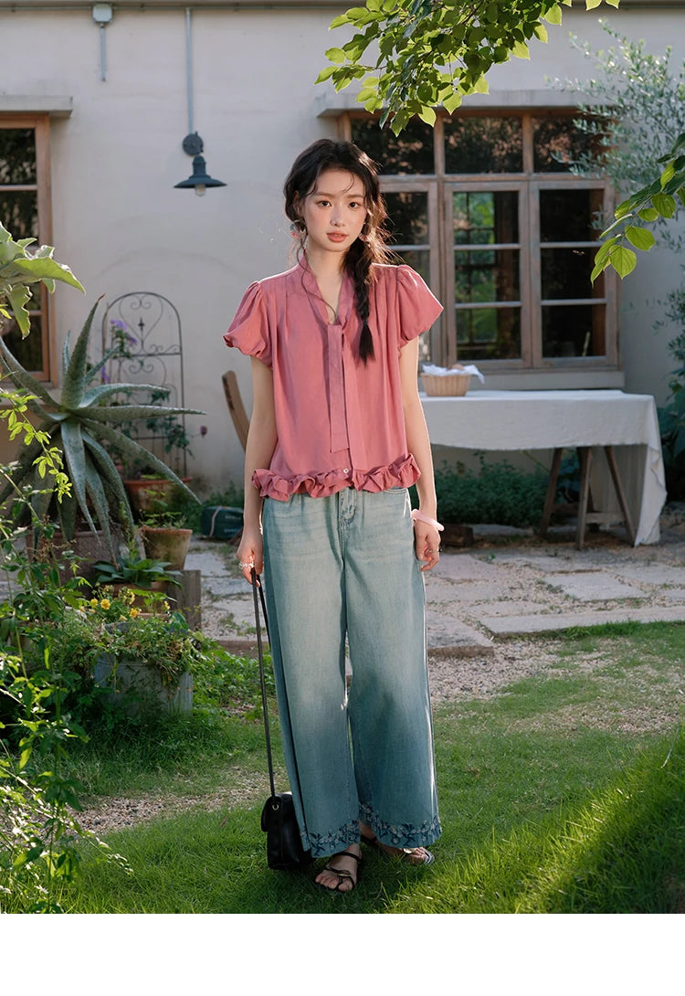 MISHOW Women's Summer V-neck Blouse 2025 New Fashion Puff Sleeve Lace Up Button Sweet Top Casual Female Clothing MXE38X1914