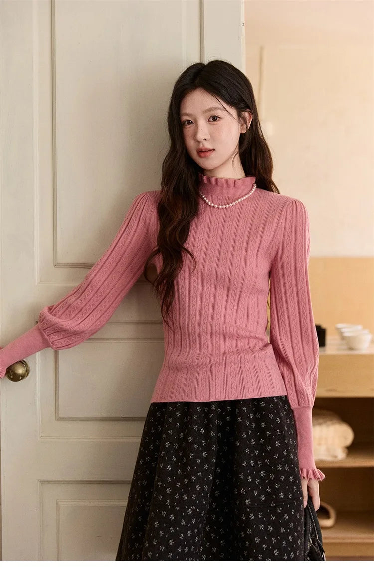 MISHOW Women's Half Turtleneck Ruffle Trim Lantern Sleeve Bottoming Tops 2025 Winter Vertical Rib Slim Knitted Top MXE93Z2810