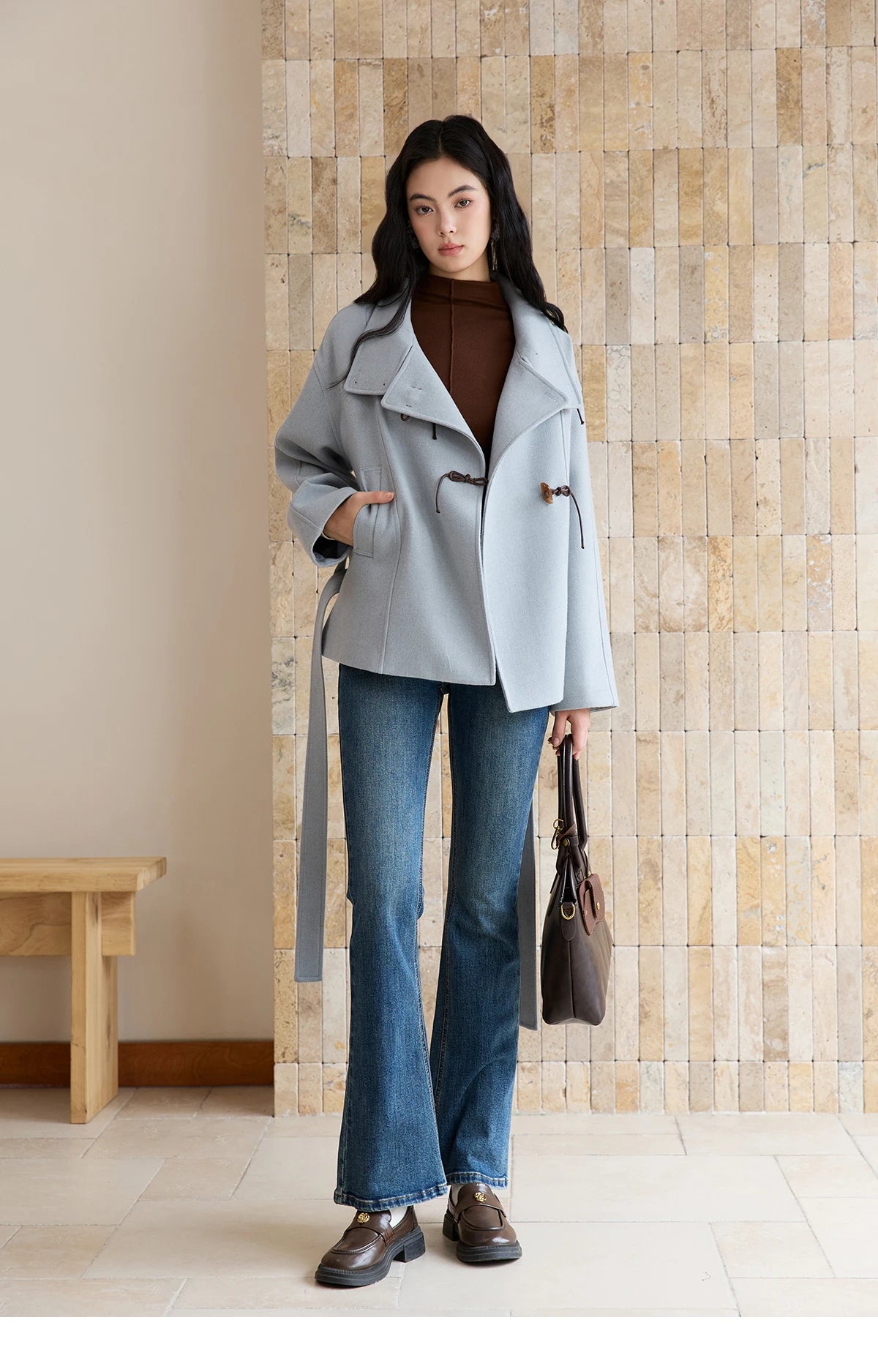 MISHOW Blue Woolen Coat Women 2025 Winter New Double-breasted Lace Up Coat Mid-length Windbreaker Women's Clothing MXE51W0872