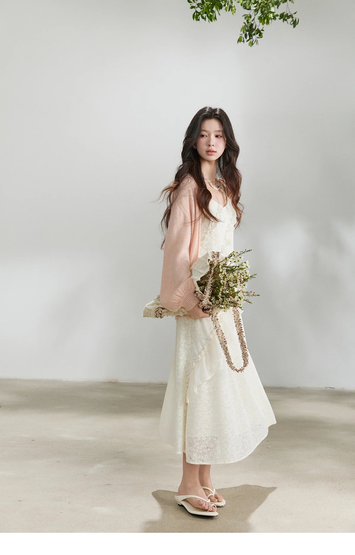 MISHOW Women's Cream Irregular Lace Slip Dress 2026 Spring V-Neck Ruffled Maxi Dresses Casual A-line Romantic Dress MXF108L1005