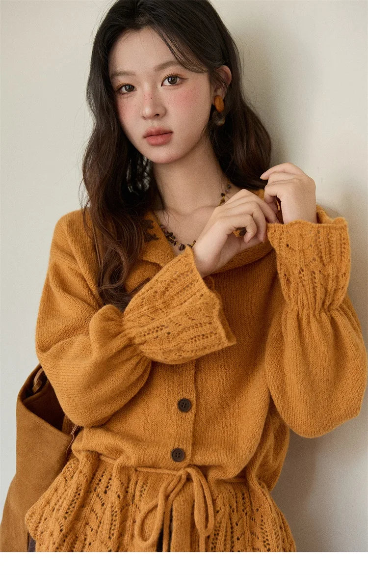 MISHOW Orange Cardigan Women 2025 Winter Retro Openwork Crochet Pattern Knit Top Loose Warm Flared Sleeves Sweater MXE87Z2685