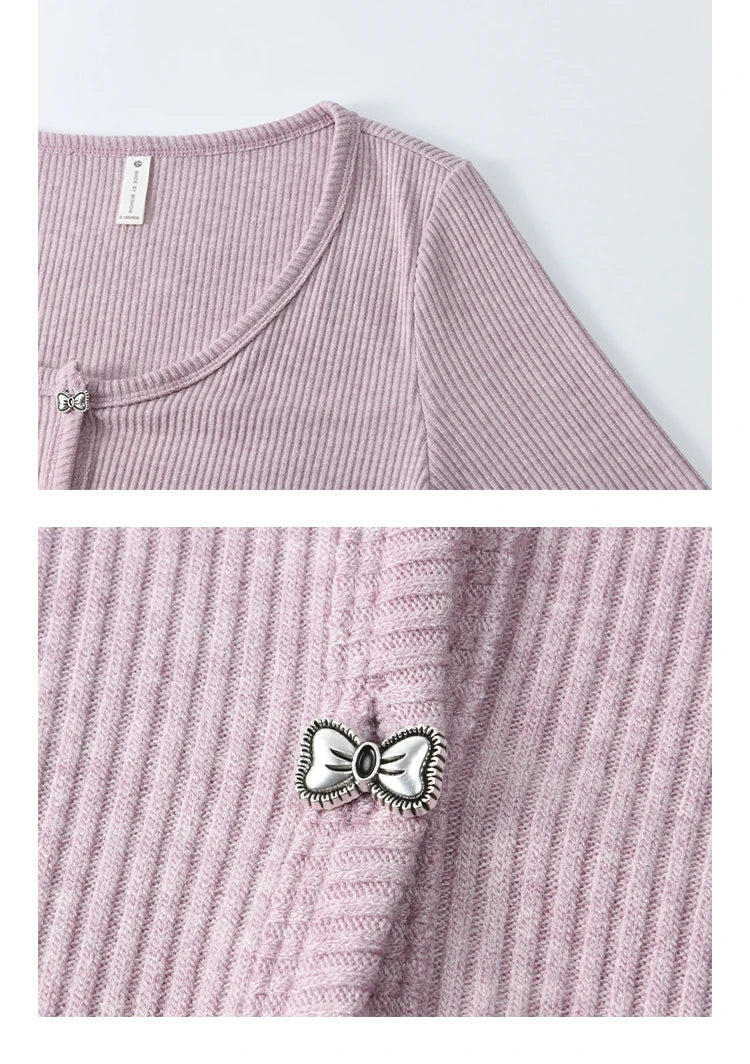 MISHOW Women's Butterfly Button Knitted Cardigan Spring 2025 Slim Fit Versatile Sweater Round Neck Sweet Solid Tops MXE11Z1104