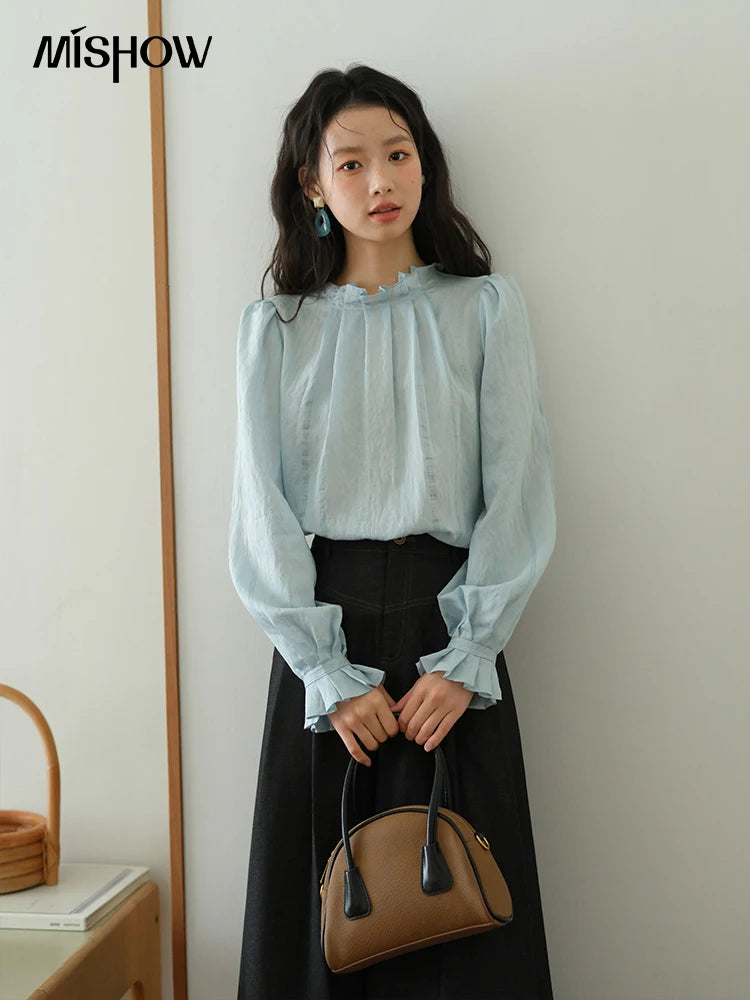MISHOW Blue Jacquard Texture Blouses 2025 Autumn Black Fungus Edged Stand Collar Blouse Bubble Sleeves Commuting Top MXE41X1934