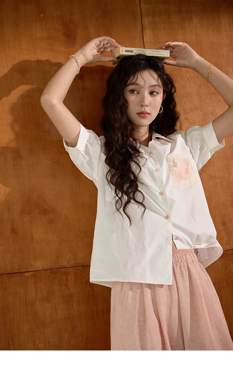 MISHOW Women's 100 Cotton Short Sleeved Shirt Loose 2025 Summer Embroidered Pocket Top Polo Neck Puff Sleeve Shirts MXD26C0243