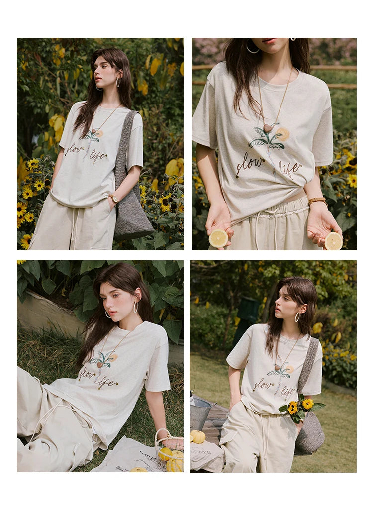 MISHOW Casual Summer Print Shirts Women 2025 Short Sleeve Round Neck Coconut Tree Straight T-shirts Woman Versatile MXE31T0520