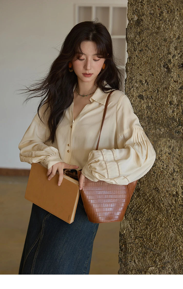 MISHOW Women's Shirt Lantern Sleeve Hollow Out Tops 2025 Autumn Single Breasted Solid Shirts Lapel Shirt Office Lady MXE41C2359