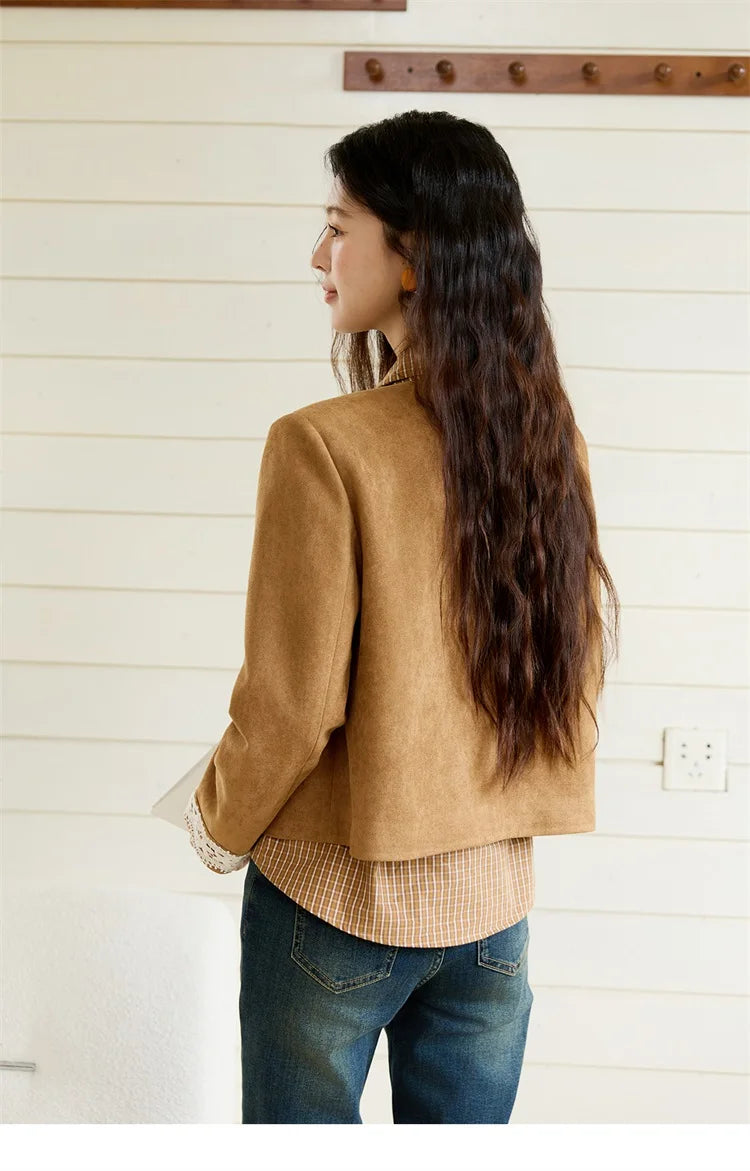 MISHOW Fragrant Suede Jacket for Women Autumn 2025 Cuffs Hollowed Out Lace Short Coats O-neck Metal Button Jackets MXE46W0839