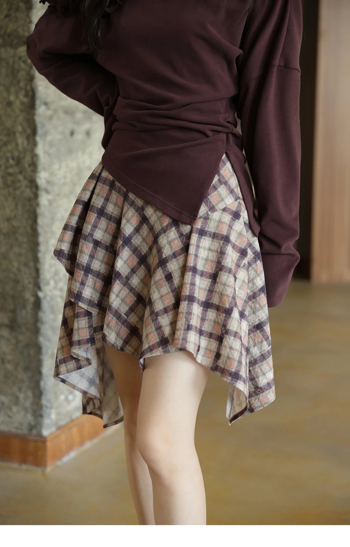 MISHOW Purple Plaid Irregular Skirt for Women Autumn 2025 Linen Blend Invisible Zipper Short Skirt Ruffle Hem Skirts MXE42B2395