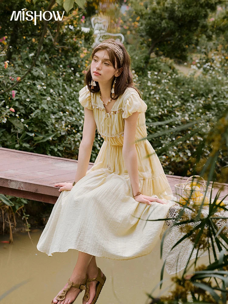 MISHOW Holiday Summer Dresses Women 2025 Solid V-neck Short Puff Sleeve Shell Ribbon High Waist Dress Woman Fashion MXE33L2193