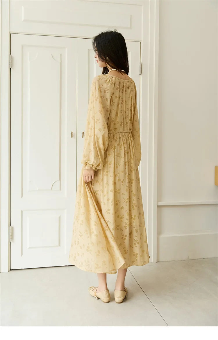 MISHOW Yellow Printing Dress for Woman 2025 Autumn Elegant Lace Lantern Sleeve Waist Slim Long Dress V-neck Dress MXE47L2527