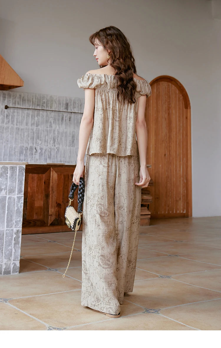 MISHOW Ink Printing Slash Neck Top Wide Leg Trouser Separately Summer Elastic Waist Pants Folds Chiffon Office Lady MXC39X1298