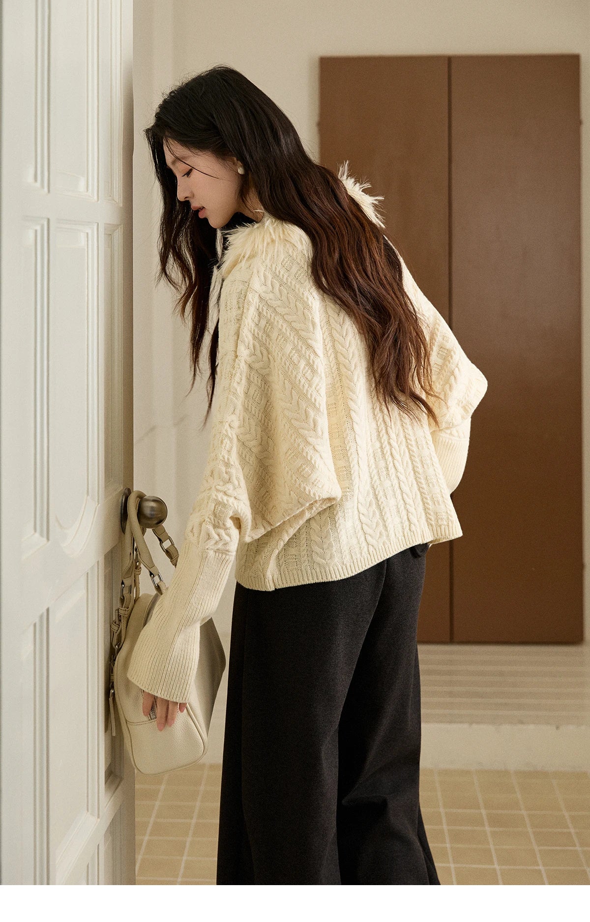 MISHOW Women's Batwing Sleeve KnittedSweater 2025 Winter Faux Fur Collar Cable Knit Puff Sleeve Warm Pullover Tops MXE94Z2985