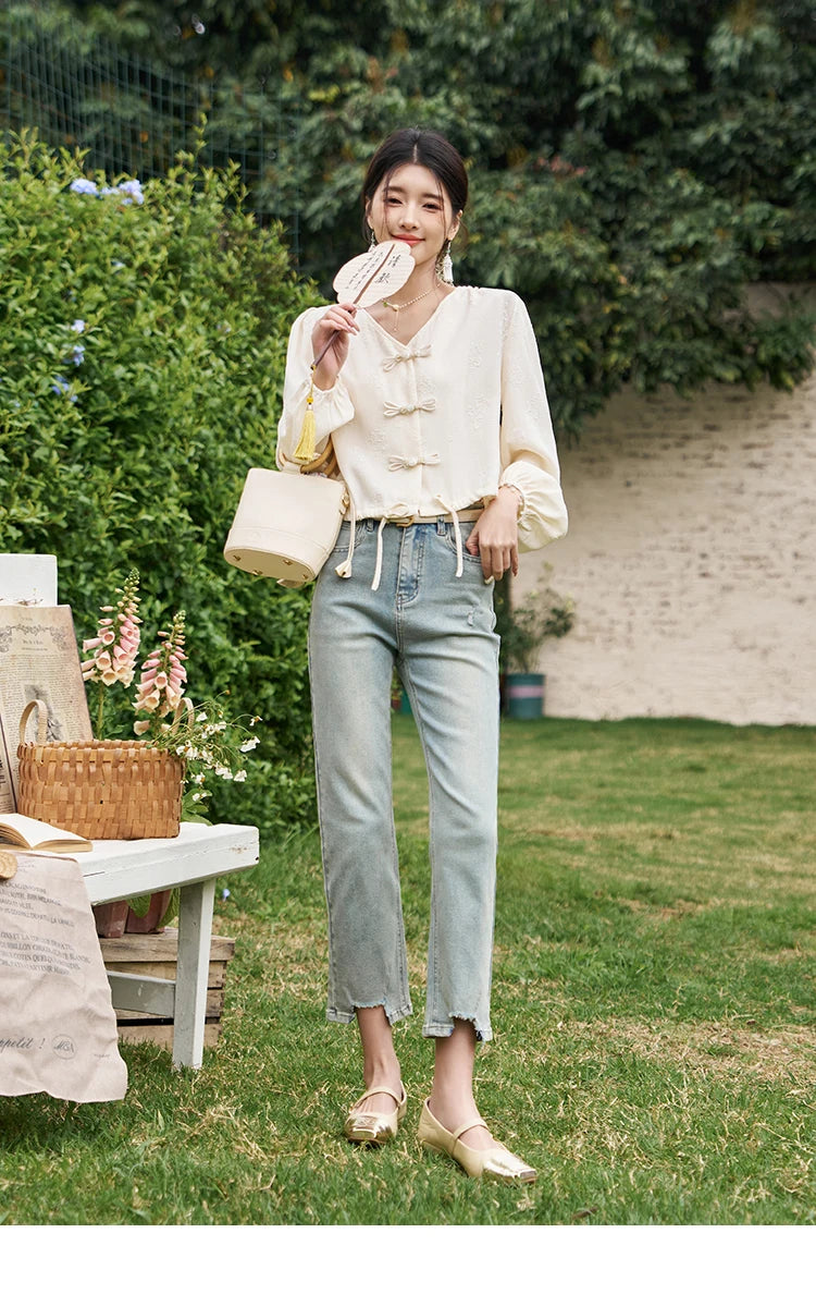 MISHOW Chinese Button Up Single Row Shirt for Women 2024 Spring Jacquard Hem Drawstring Puff Sleeve Solid Loose Top MXD14X1386