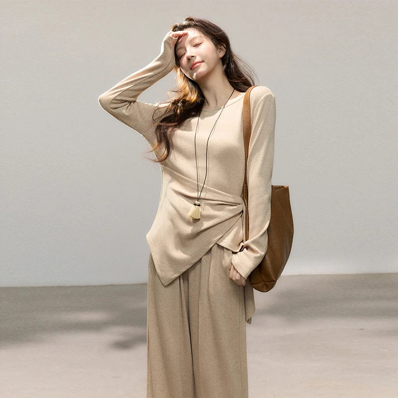 MISHOW Women's Khaki Knitted Two-Piece Set 2026 Spring Asymmetrical Hem Waist-Cinched Top Wide Leg Pants Casual Sets MXF11T1465