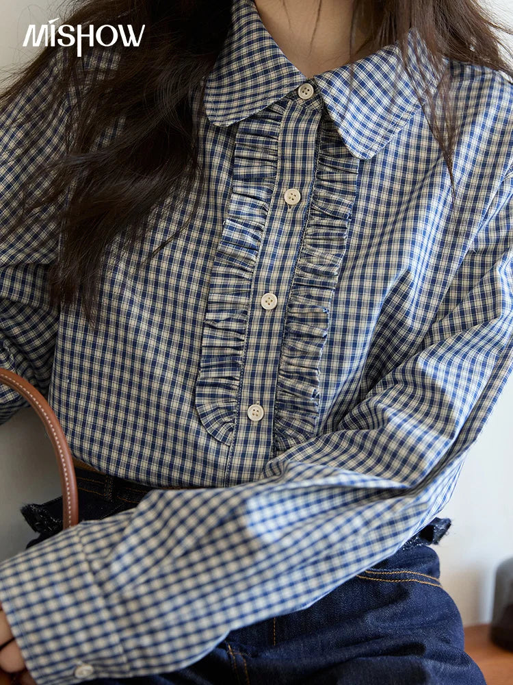 MISHOW Autumn Blue Plaid 100 Cotton Shirts 2025 Doll Collar Dropped Shoulder Sleeves Casual Top Retro Commuter Shirt MXE44C2391