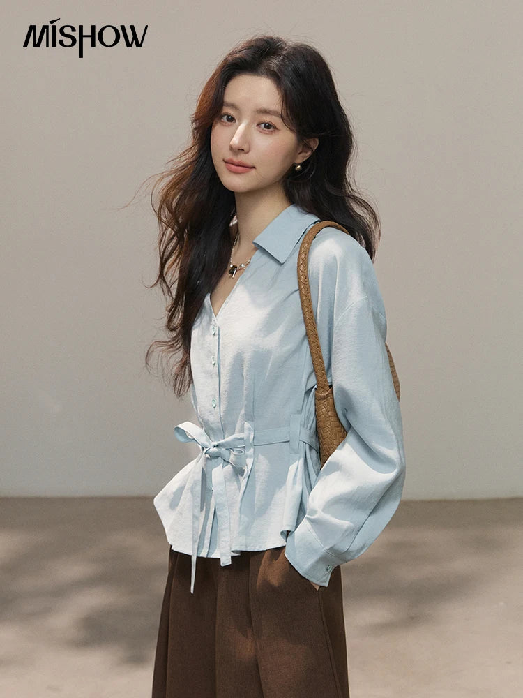 MISHOW Women's Light Blue Lyocell Shirt 2026 Spring Polo Neck V-neck Belted Waist Shirt Casual Peplum Long Sleeve Top MXF13C2437