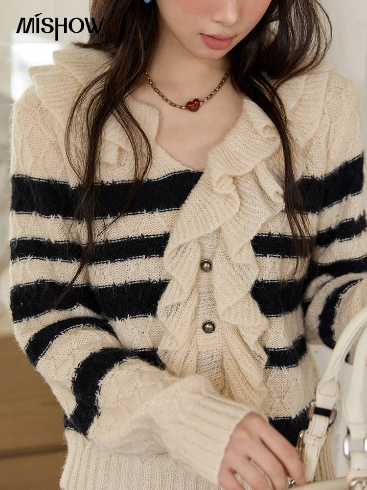 MISHOW Striped Sweater for Women 2025 Autumn New Asymmetrical Ruffled Diamond Shape Knitted Retro Women's Cardigan MXE51Z2633