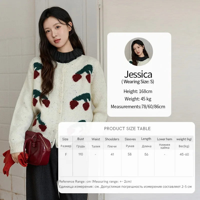 MISHOW Women's Cherry Jacquard Flecked Cardigan 2025 Autumn Winter Korean Drop Shoulder Tops Loose Crew Neck Knitwear MXE91Z2837