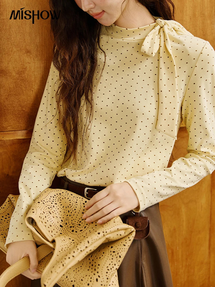 MISHOW Elegant Woman Pullovers 2025 Autumn Sweet Retro Yellow Polka Dot Knitted Top Lace Up Collar Slim Fit Tops MXE45Z1379