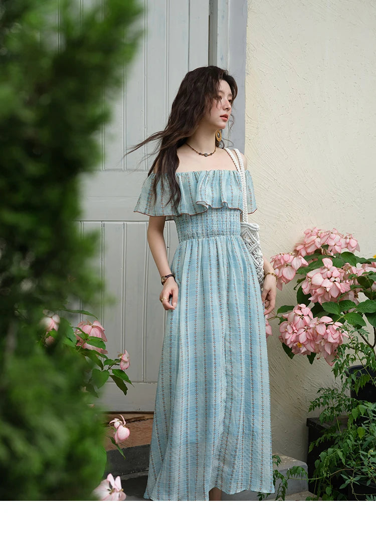 MISHOW Women's Fashion Slash Neck Chiffon Dress 2025 Ladies Elegant Vacation Striped French Dresses Female Clothing MXE39L2380