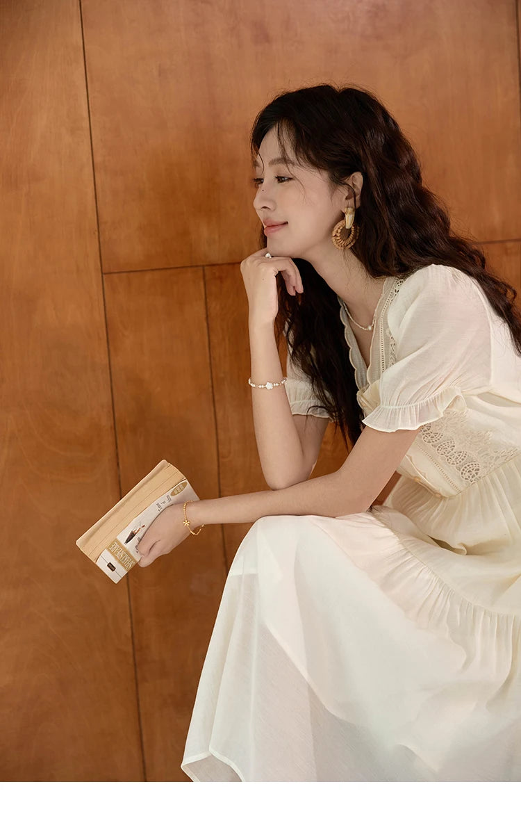 MISHOW Women's French Hollowed Out Embroidery Dress 2024 Summer Elegant Slim Fairycore Dress Waist Mid Length Dresses MXD31L1981