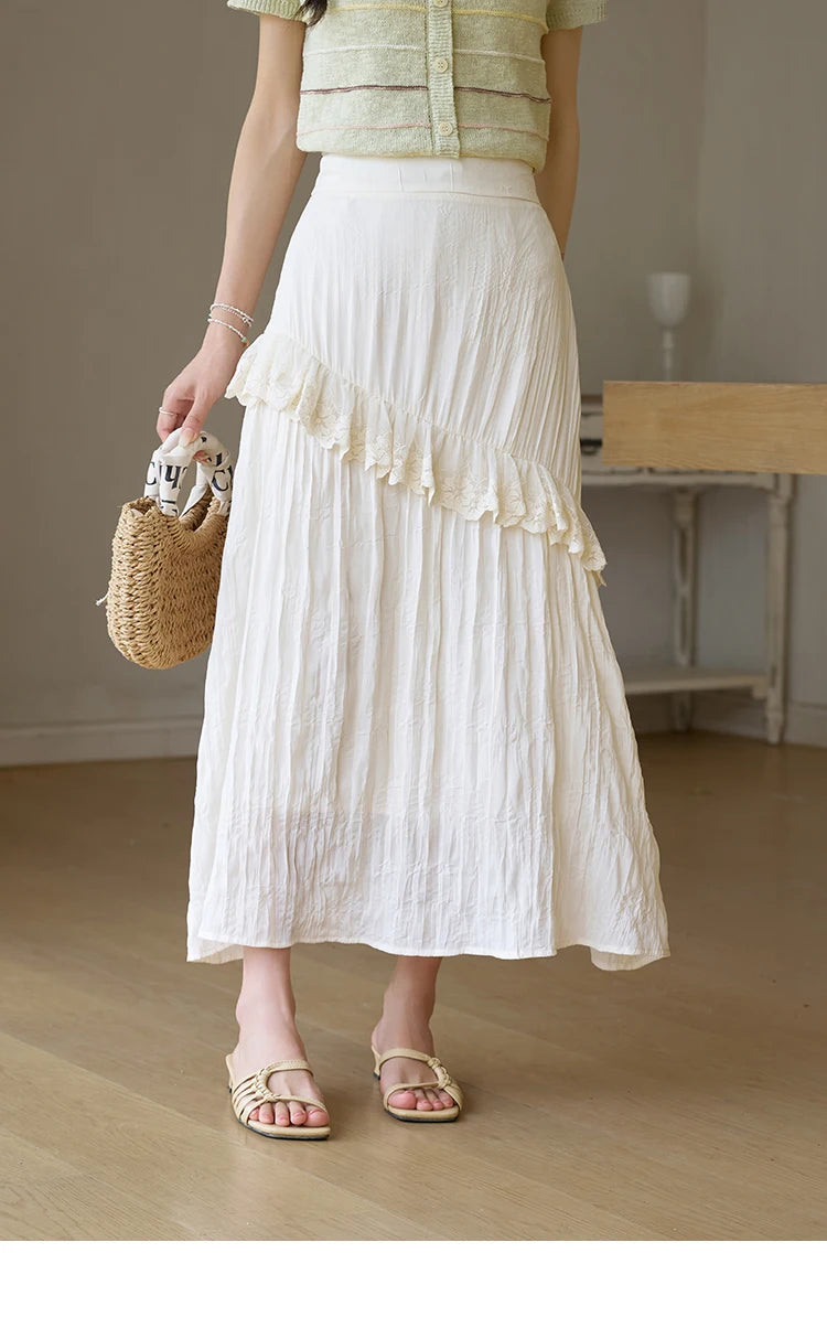 MISHOW Eegnat Lace Edge Skirt for Women Summer 2025 Ruffle Edge High Waist Slim A-line Long Skirt Solid Cake Skirts MXD30B0385