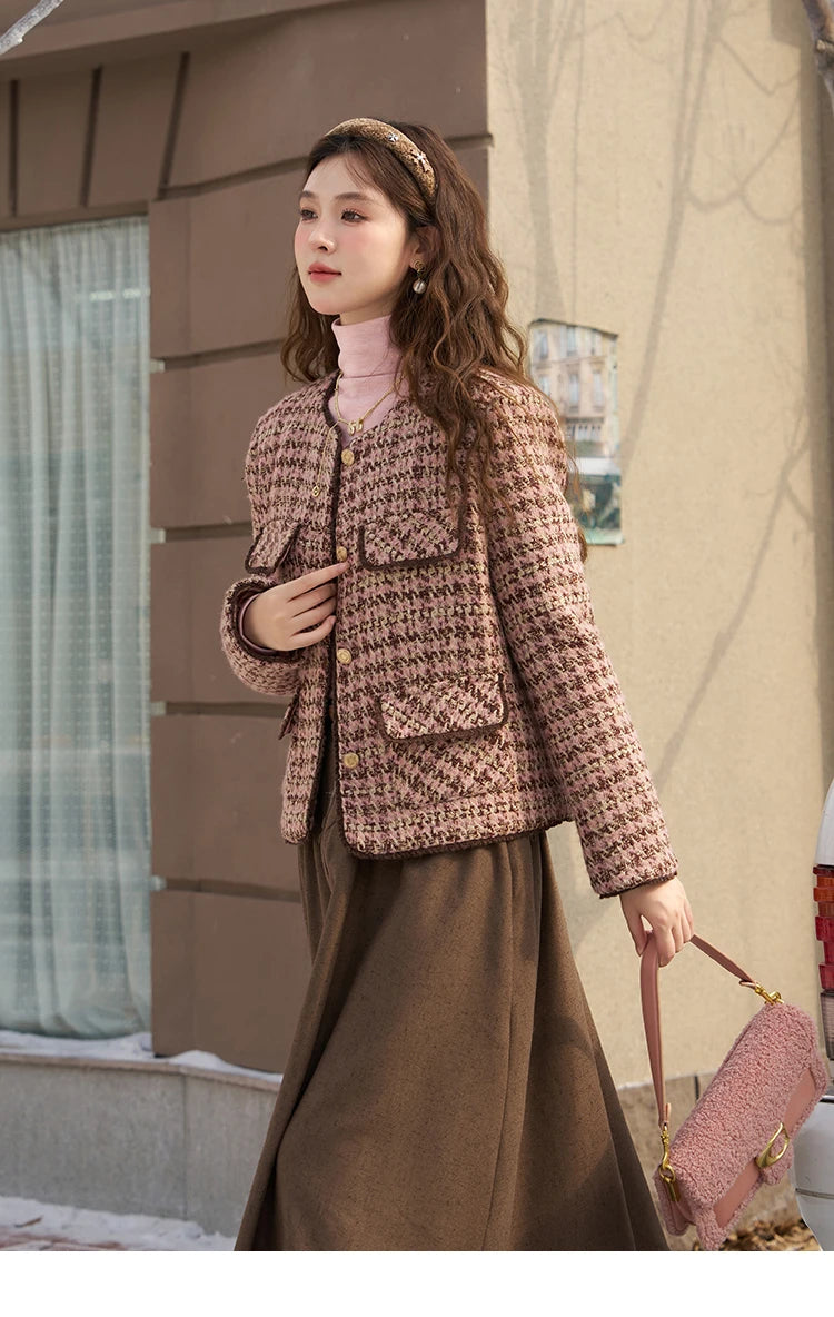 MISHOW Tweed Jacket for Women Luxury 2025 Winter Wool Blend Thick Coat High Quality Fashion Crew Neck Outerwear Top MXC57Y0021