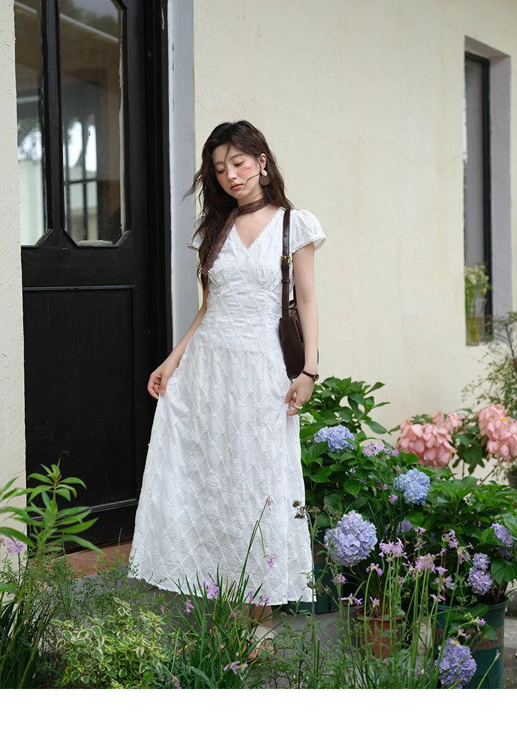 MISHOW Women's V-neck Lace Spliced Dress 2025 Summer New Embroidery Vacation French Style Jacquard Mid-Length Dresses MXE38L2378