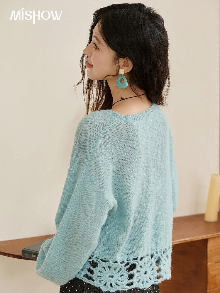 MISHOW Woman Sweaters 2025 Elegant French Hollow Out Floral Sweater Loose O-neck Long Sleeves Knit Top Autumn Clothes MXE44Z2491