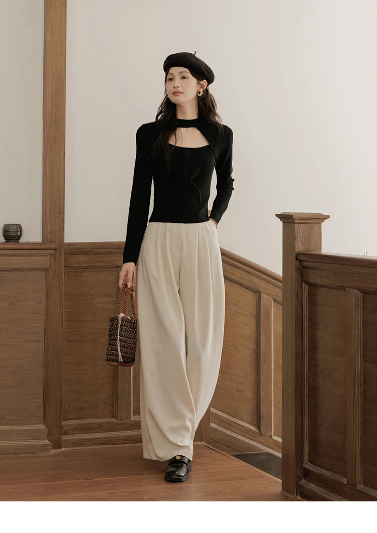 MISHOW Women’s Black Tulip Knitted Sweater French Vintage Hollow Out Sweaters Mock Neck 2024 Fall Elegant Slim Top MXD42Z0731