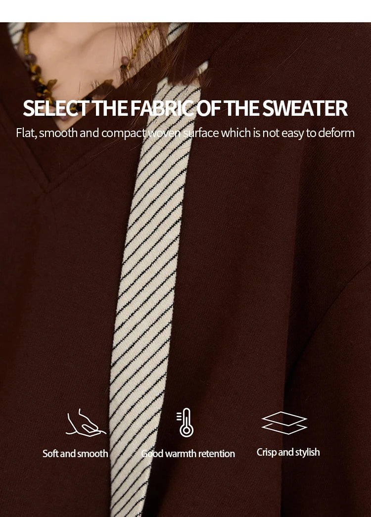 MISHOW Woman Suits 2025 Autumn Retro Brown V-Neck Sweatshirt Pleated Skirt Suit Striped Waist Belt Casual Two-piece MXE47T1415