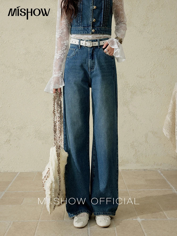 MISHOW Casual Straight Leg Jeans for Women 2025 Spring Versatile Washed Loose Women Pants Fashionable Denim Pants MXE16K0874
