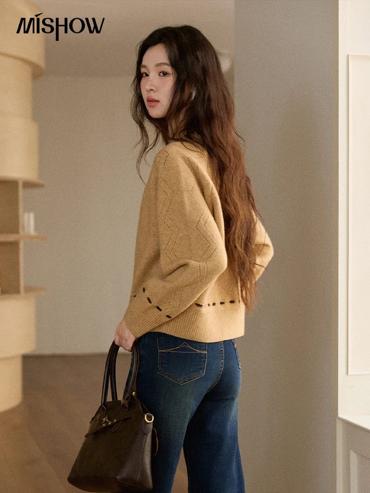 MISHOW Winter Knit Women's Cardigan 2025 New Little Fox Embroidered Sweater Retro Orange Loose Long-sleeved Tops MXE88Z2598