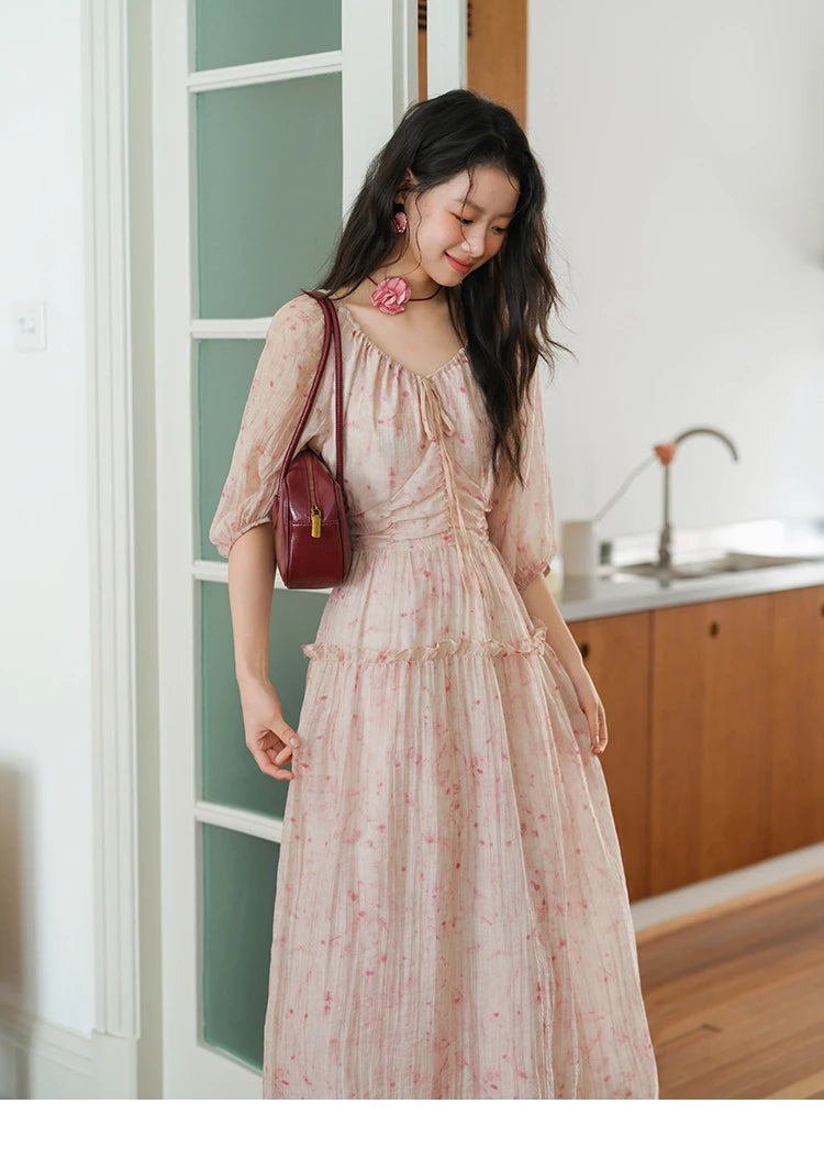 MISHOW Korean Women's Floral Pink Dress Autumn Convertible V Neck Off Shoulder Bubble Sleeves Elastic Waist Dresses MXE41L2479