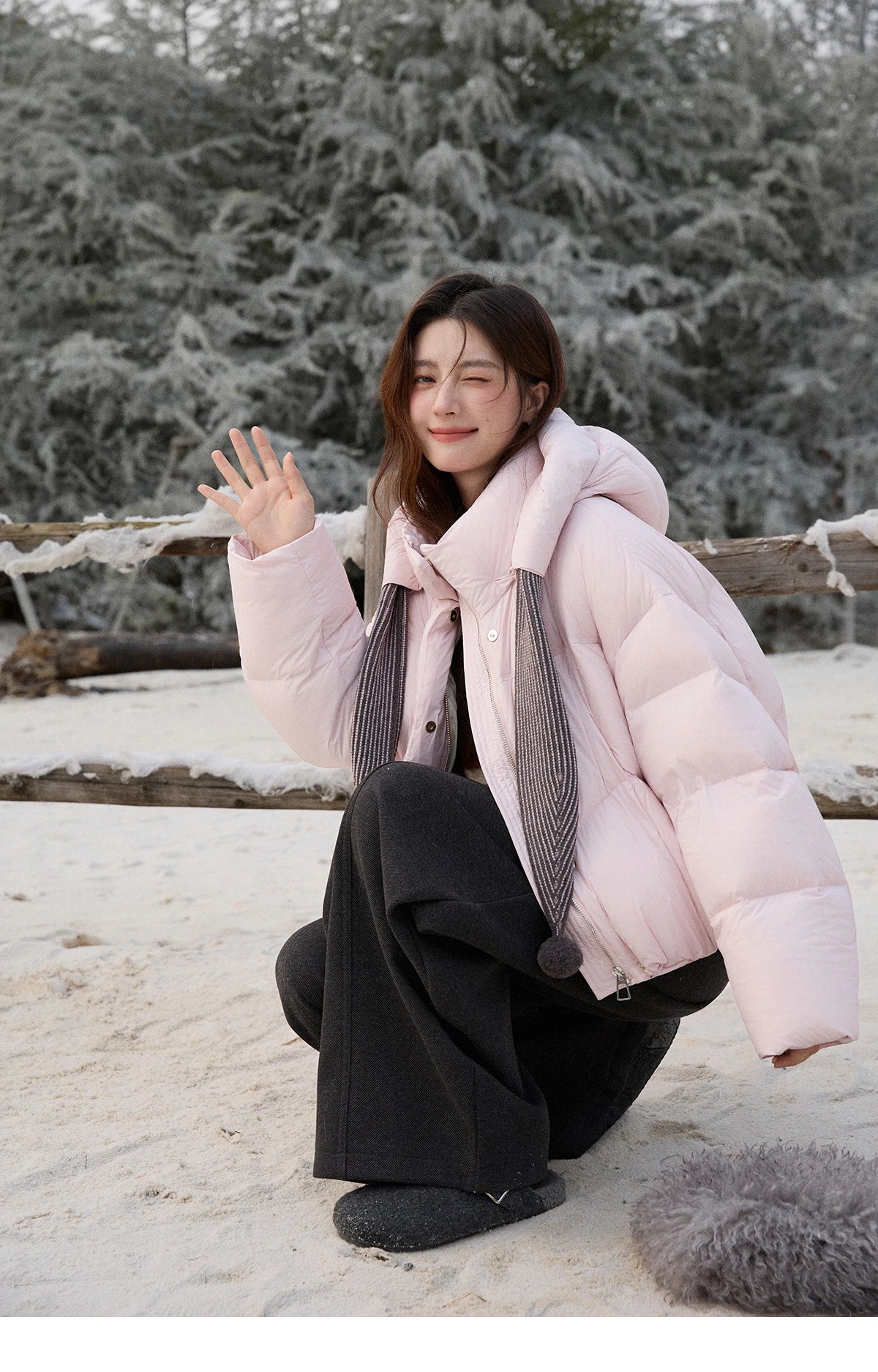 MISHOW Women's Pom-Pom Hooded Down Jacket 2025 Winter Sweet Short Lightweight Down Jackets Warm Windproof Coat MXE92Y0088