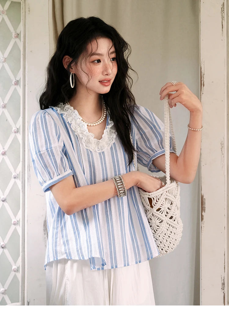 MISHOW 2025 Summer New 100% Cotton Striped Blouse Women Fashion Lantern Sleeve Lace V-neck Casual Top Ladies Clothing MXE36X1845