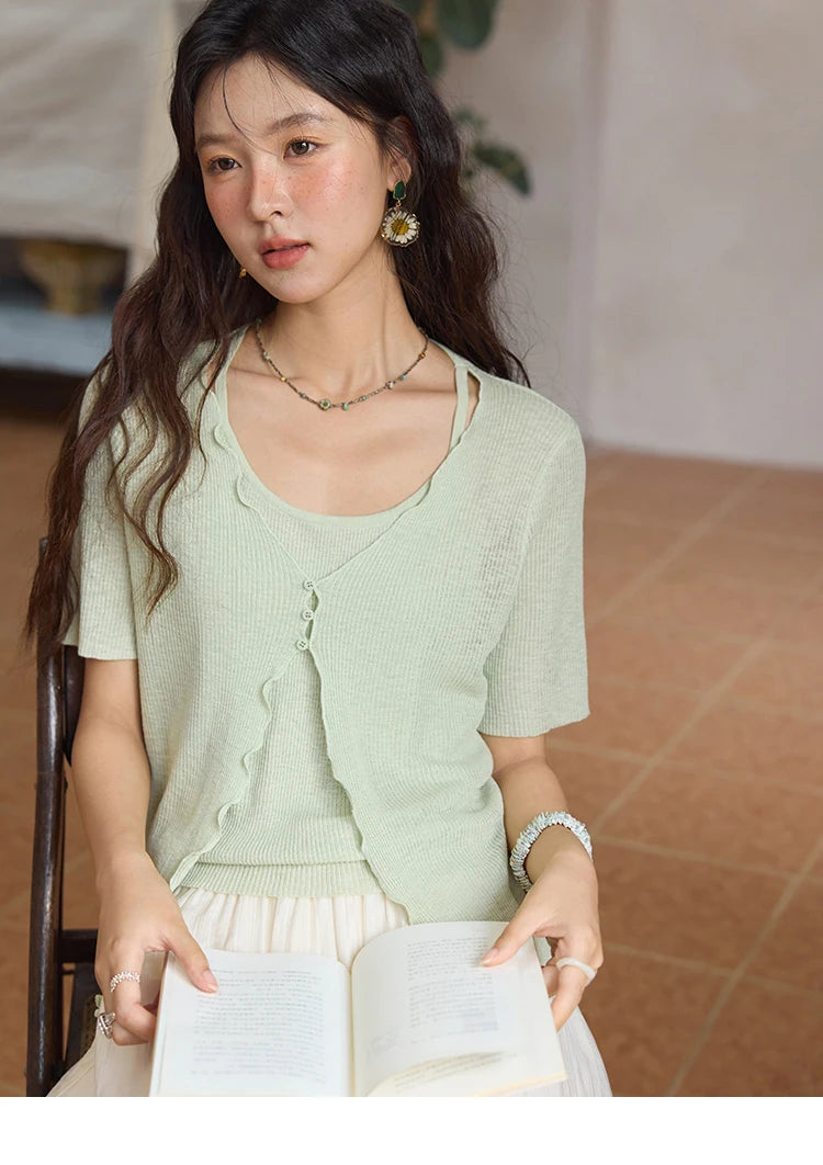 MISHOW Women's Mint Green Fake Two Piece Short Sleeved Knitted Cardigan 2025 Summer Solid Color Loose Comfortable Top MXE36Z1286
