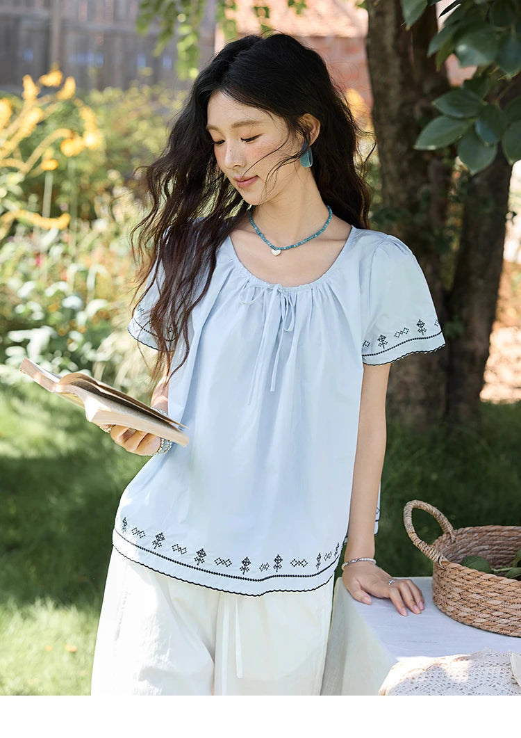 MISHOW Cotton Blouse Round Neck Lace Up Puff Sleeve MXE39X1966